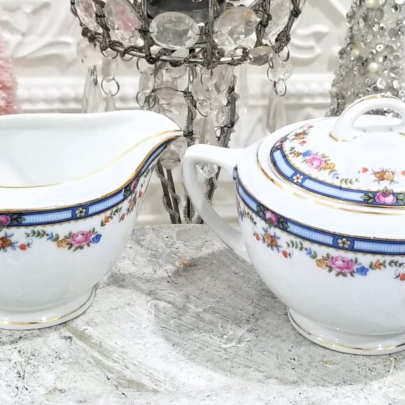 TK Thuny CARLTON Sugar Bowl & Creamer Set - Czechoslovakia Thun Roses Blue Rim - Picture 2 of 10